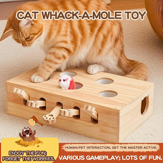 Wooden Whack-a-mole Interactive Cat Toy for Indoor Cats Interactive Pet Toy Box Cat Puzzle Toy for All Ages Cats for Indoor Play Exercise (5 Holes)