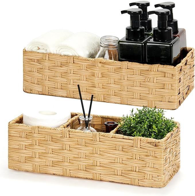 Bidtakay Small Wicker Baskets for Organizing Woven Baskets for Storage 2-Pack Waterproof Imitation Wicker Narrow Storage Bins for Shelves Towels Baskets for Washroom Natural