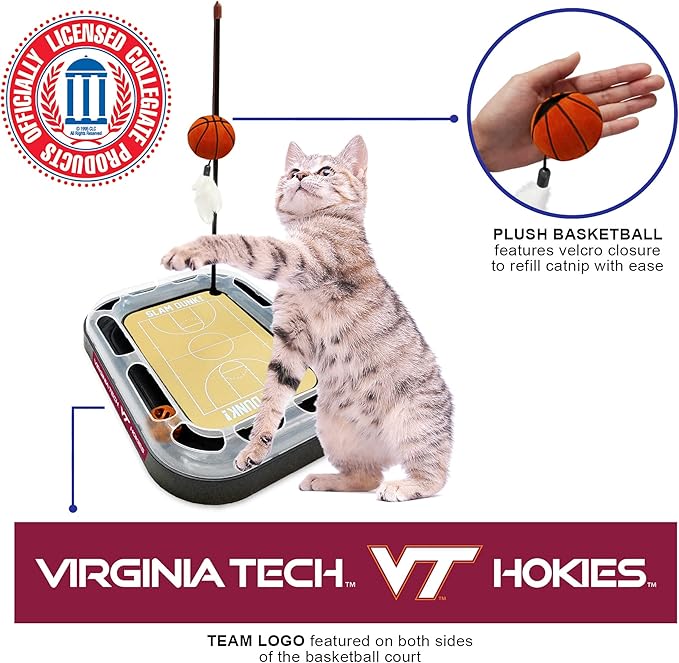 Cat Scratch Toy NCAA VIRGINIA TECH Hokies REVERSIBLE Basketball Court Felt/Cardboard Cat Scratcher Toy. Interactive Cat Ball Bell in Tracks. 6-in-1 CAT TOY Cat Wand Poll CATNIP-FILLED Plush Basketball