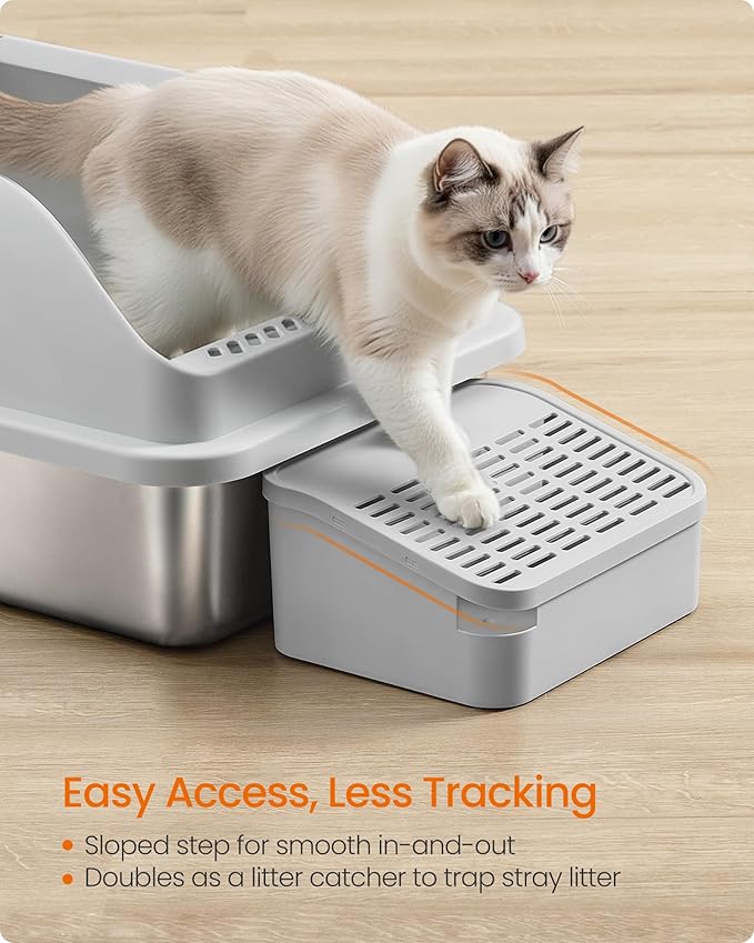 Feandrea 2 Pack Stainless Steel Cat Litter Boxes with Open Top, High Sided Litter Trays with Step, Scoop, Brush, for Cats up to 33 lb, Dove Gray UPPT012GD01
