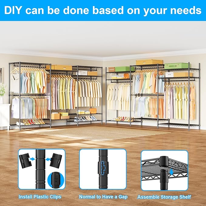 Ulif E13 Max Heavy Duty Clothes Rack（With 4 Hanger Rods & 8 Shelves） Freestanding Clothing Racks for Hanging Clothes，Adjustable Closet，Metal Garment Rack 86" W x16 D x77 H，Max Load 1100LBS，Black