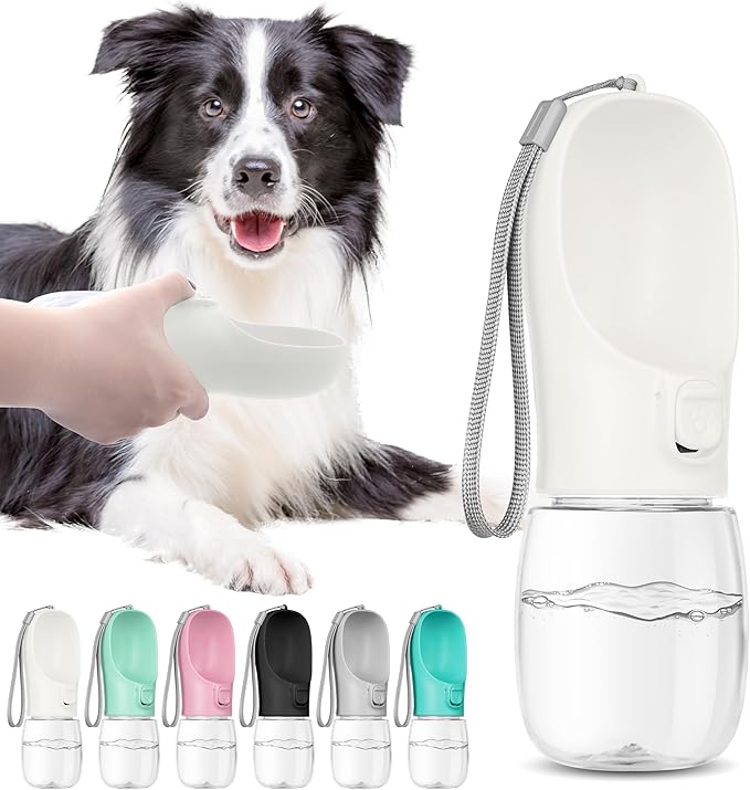 Portable Travel Dog Bottle with Bowl, Leak Proof, Convenient for Walking, Hiking and Camping (White, 12oz)