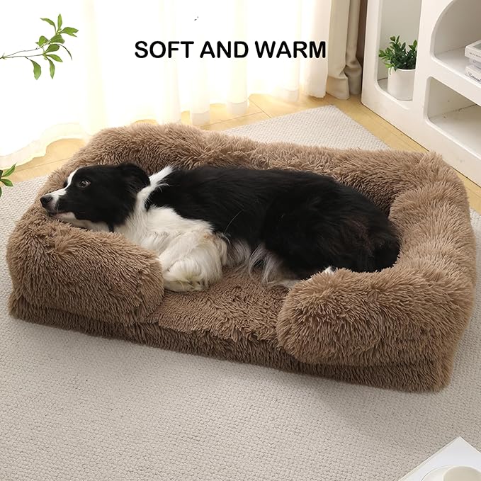 Orthopedic Dog Bed for XL Dogs - Washable Memory Foam Pet Sofa, Fluffy Plush Rectangular Bed, Waterproof Anti-Anxiety Couch, Khaki, XL