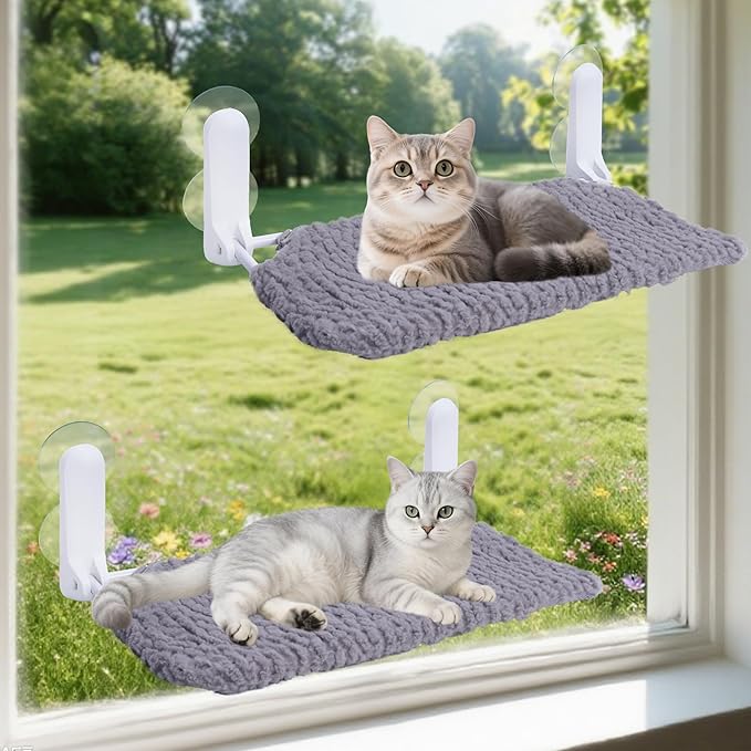 2PC Cat Window Perch, Easy Install Bracket, Portable Wall Hammock for Indoor Cat, Grey