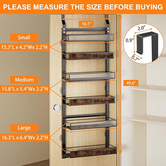 6 Tier Over the Door Pantry Organizer 2 IN 1 Hanging or Wall Mounted Spice Rack with Adjustable Basket,Heavy Duty Seasonning Storage Shelf for Kitchen Pantry and Bathroom,Black