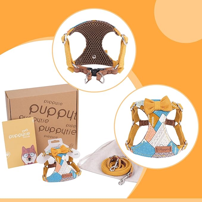Puppytie No Pull Dog Harness with Multifunction Dog Leash,Soft Adjustable No Choke Escape Proof Pet Harness Vest for Medium Dogs,Suede Bow Yellow,M