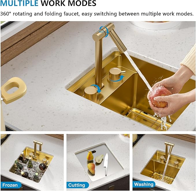 13"x15" Small RV Kitchen Sink – 16 Gauge 304 Stainless Steel Brushed Gold NANO-PVD Undermount Single Bowl Sink with Foldable Faucet, for RV, Camper, Mobile Home, Wet Bar