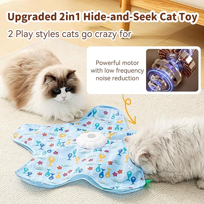 Cat Toys for Indoor Cats,Rechargeable Interactive Cat Toy with Touch-Activated Hide and Seek,Fluttering Feather and Mouse Squeaker for Bored Indoor Adult Cats Easter Gifts Blue
