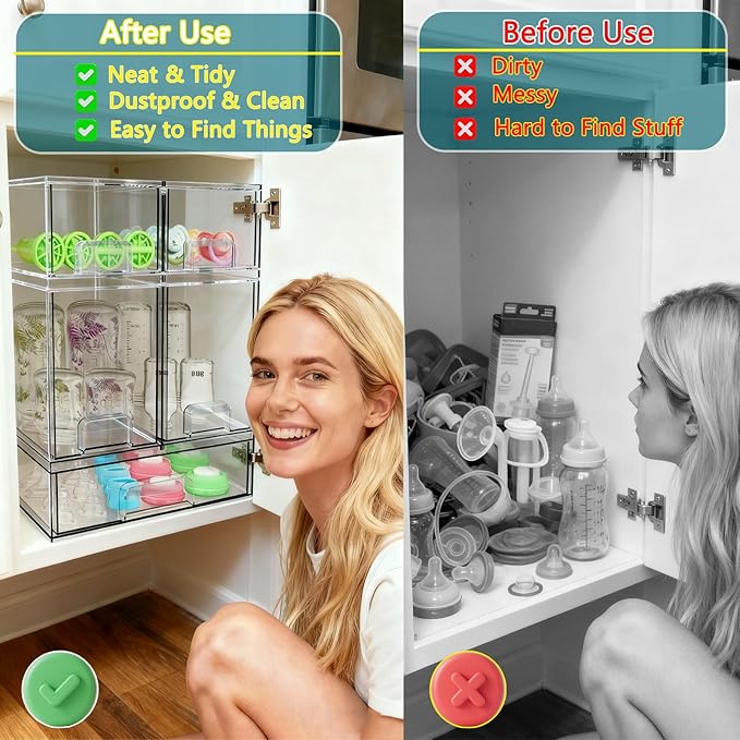 Baby Bottle Organizer for Countertop with Dust Protection, 5Pack Stackable Baby Organizers and Storage for Bottles, Clear Acrylic Container with Drawer for Kitchen, Cabinet, Vanity, Bathroom, Pantry