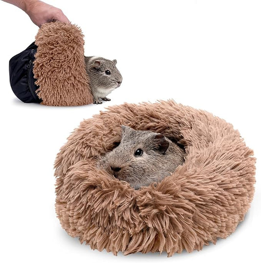 Paw Inspired Furr-O Burrowing Pet Bed with Zip-On Spandex and Fleece Bottoms for Guinea Pigs and Other Small Animals, Cozy Carrier, Hideout Enrichment Toy, Cage Accessories (Beige)