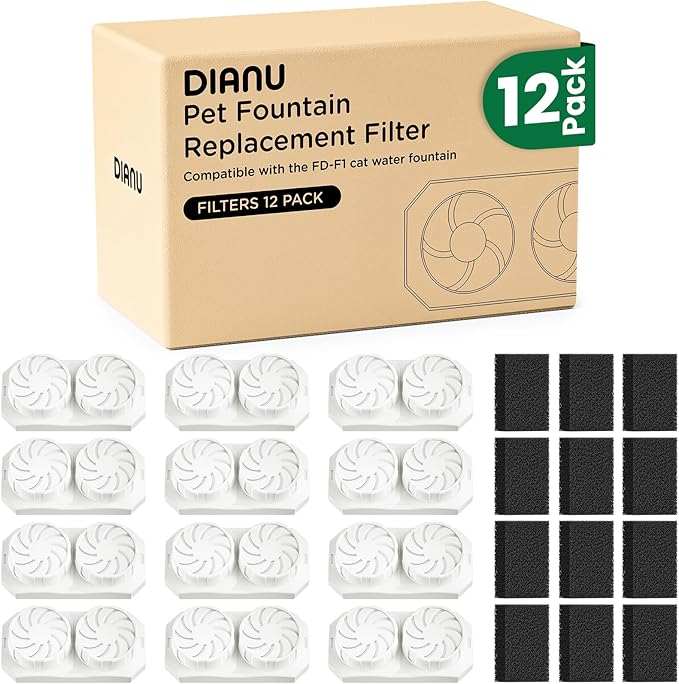 DIANU Official Cat Water Fountain Replacement Filters & Pre-Filter Sponges for 3.2L/108oz Stainless Steel Pet Fountain (Six Pack)