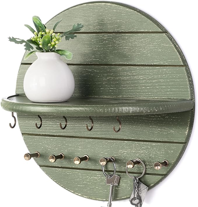 Rebee Vision Pine Wood Key Holder Wall Mount for Farmhouse & Boho Decor – Key and Mail Organizer with Shelf and 11 Hooks – Decorative Wall Organizer for Room, Kitchen & Living Room Decor (Green)