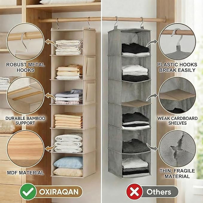 6-Shelf Hanging Closet Organizer with Side Pockets, Closet Hanging Storage Shelves for Clothes, Shoes & Accessories, Space-Saving Wardrobe Storage Solution,Send Goods from Local Warehouse