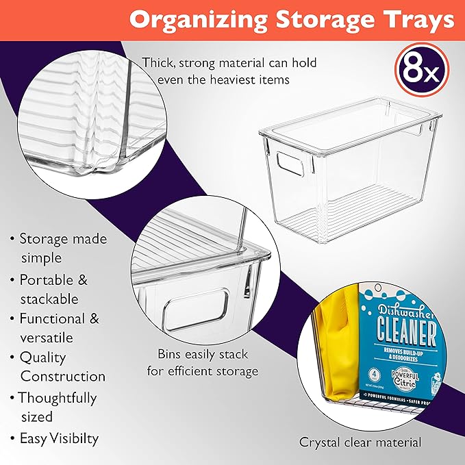 ClearSpace Modern Plastic Storage Bins with Lids Perfect Kitchen Organization or Pantry Fridge Organizer, 8 Pack, Transparent, Rectangular, 12.5" x 6" x 7", 9L Capacity, 8 Compartments
