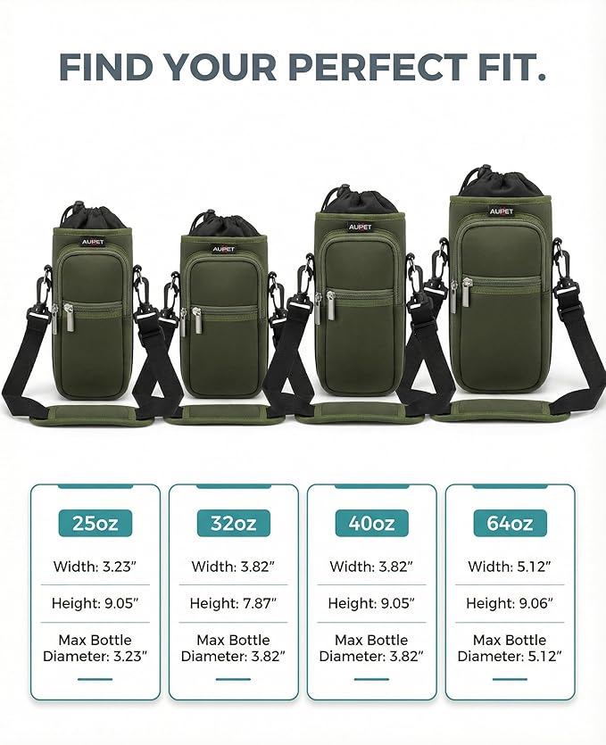 AUPET Water Bottle Sling Bag Sleeve Holder Carrier 25/32/40/64 oz,Insulated Crossbody Water Bottle Case Cover with Strap and Pockets for Men/Women Walking Hiking