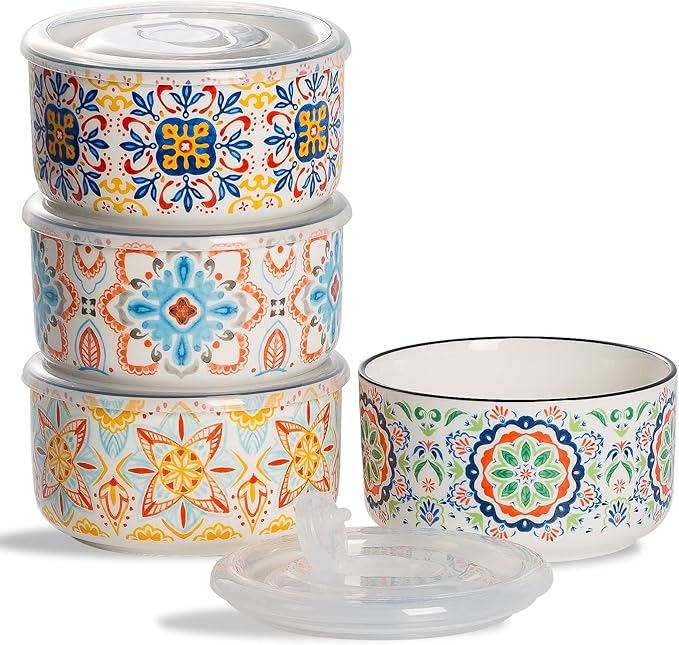 Ceramic Bowl with Lid: Microwave Safe Soup Containers Set of 4 for Meal Prep, Cereal, Salad, Picnic, Camping, Office Lunch, Kitchen Food Storage - 5 Inch, 20 oz, Design B