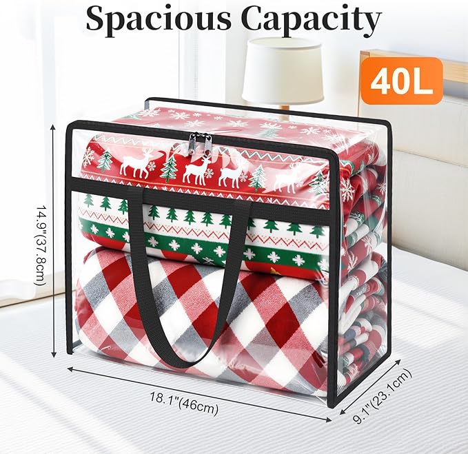 Clear Storage Bags, 4 Pack Under Bed Storage and Closet Organizers Containers, 40L Foldable Moving & Packing Bags with Zippers for Comforter, Bedding, Duvet, Blanket & Toy Storage