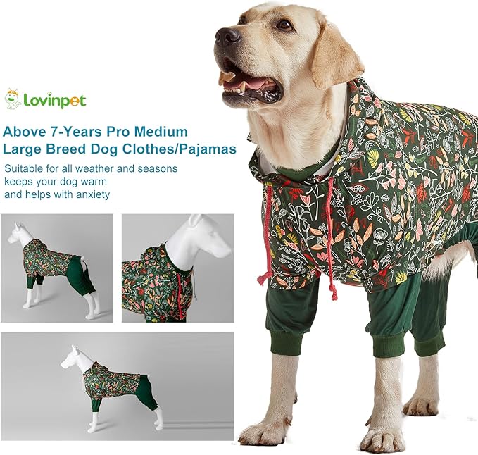 LovinPet Large Dog Onesies Big Pajamas: Wound Care/Post Surgery, Anxiety Relief, Lightweight Stretchy Fabric, Dog Pajamas,Dog Jammies, Reflective Stripe, Dew & Moss Dark Green Print, Pet PJ's/XL