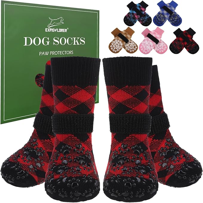 EXPAWLORER Dog Socks for Cold Winter Snow to Prevent Licking Paws, Anti Slip Doggie Booties Grippy Shoes for Hardwood Floors, Boots & Paw Protectors for Small Medium Large Senior Dogs Red Black XL