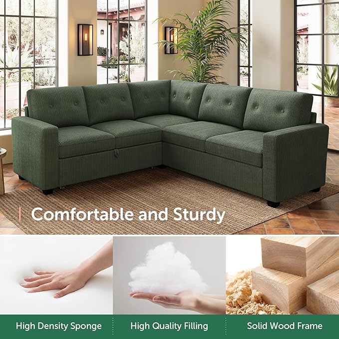 HONBAY 83.4 Inch U-Shaped Sectional Sleeper Sofa with Pull-Out Bed, 5-Seater Sectional Sofa for Living Room, Pet-Resistant Corduroy Couch, Green