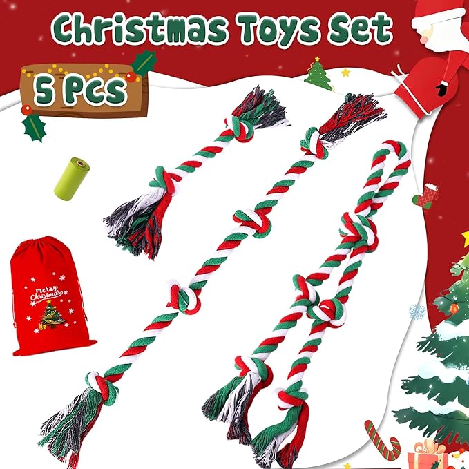 Christmas Tough & Strong Dog Toy for Aggressive Chewers – Tough Chew Toys for Large Dogs, Ideal for Tug-of-War & Teeth Cleaning, with 3 Rope Toys & 2 Dog Supplies