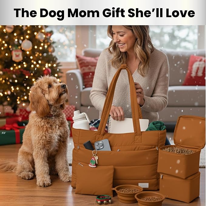 Puffer Dog Travel Bag for Dog Moms – Doggy Diaper Bag with Pet Bowls & Food Storage or Everyday Puffy Tote – Christmas Doggy Mom Gifts for Women – Lightweight, Travel-Ready Gift for Pet Lovers - Rust