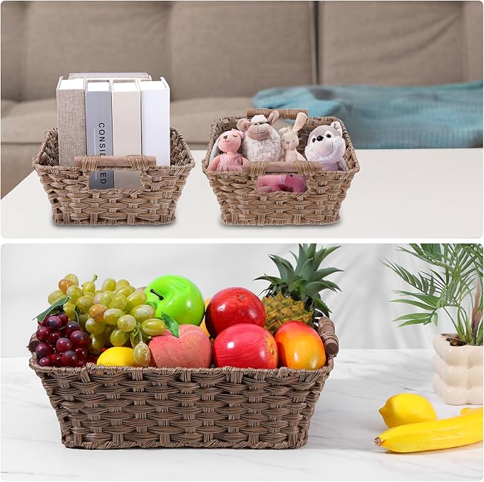 2-Pack Waterproof Wicker Storage Baskets with Handles – Hand-Woven Polypropylene Storage Bins for Pantry, Kitchen, Bathroom (15”L x 10.6”W x 5.1”H, Brown)
