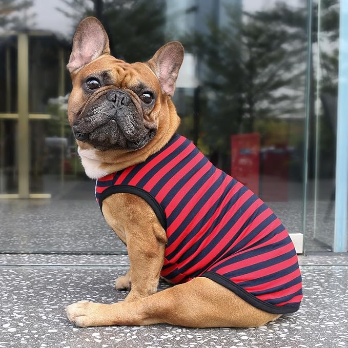 iChoue 2pcs French Bulldog Striped Shirts 100% Breathable Cotton Tank Tops Vests Clothes for Frenchie Dogs, Yellow and Red Stripes, Medium