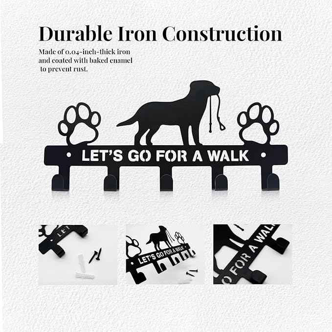Dog Leash Holder for Wall, Key Holder Mount with 5 Metal Hooks, Pet Leash and Key Organizer, Screw Mounted Rack for Leashes Keys Collars, Entryway Garage Mudroom