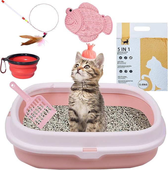 Suhaco Kitten Starter Kit for Indoor Kittens 7 Pcs Litter Box with Cat Litter & Litter Scoop Teaser Wand Licking Mat Bath Brush 7 in 1 Cat Litter Box (Pink)