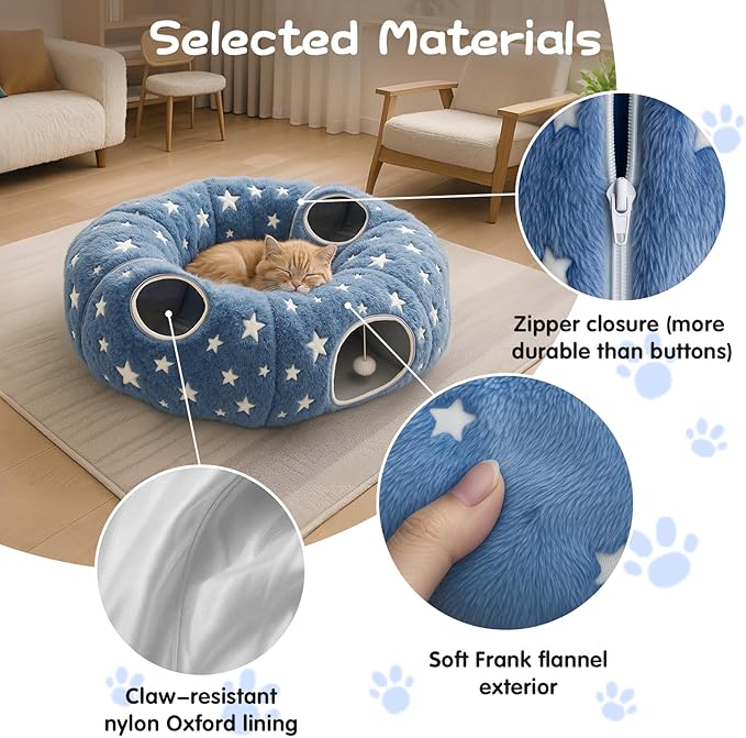Cycodo Indoor Cat Tunnel Bed,Shape-Shifting Pet Cave with Circle Cushion,Luminescent Donut Tunnel Toy for Kitten/Puppy/Rabbit (Starry Blue)
