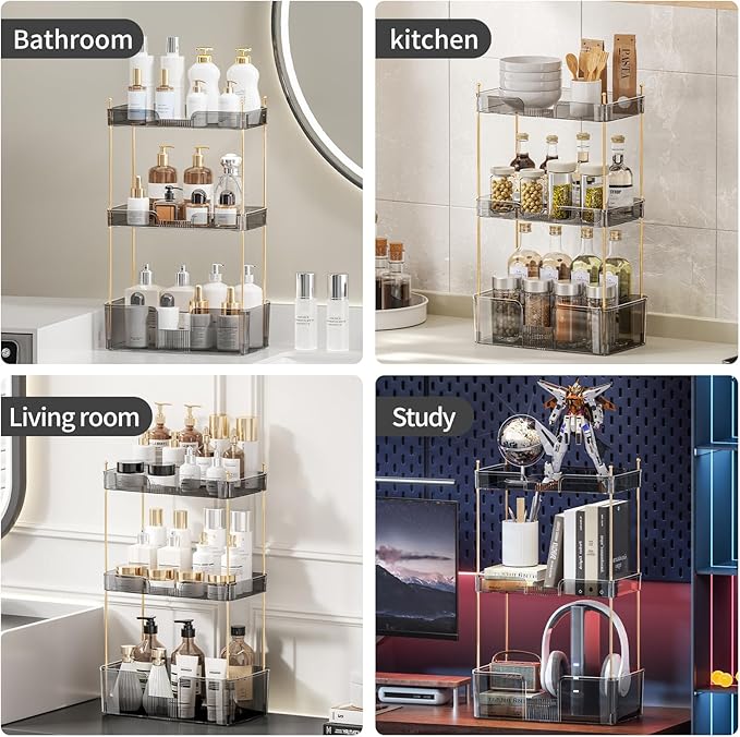 3 Tier Bathroom Organizer Countertop Makeup Perfume Tray Skincare Organizer for Bathroom Dresser Vanity (Grey)