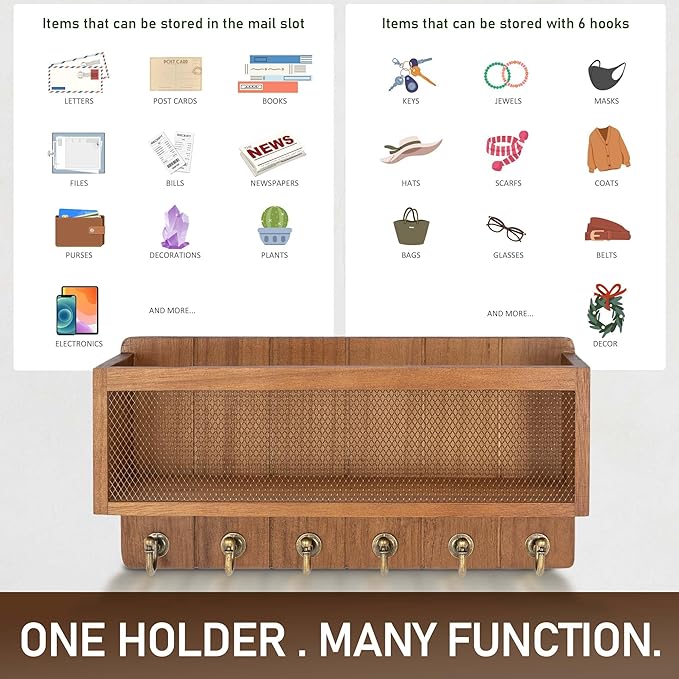 Rebee Vision Key Holder Wall Mount with Mesh Mail Basket – Mail Organizer for Wall Decor with 6 Key Hooks for Entryway, Kitchen – Functional Home Decor & Space-Saving Wooden Organizer (Golden Hook)