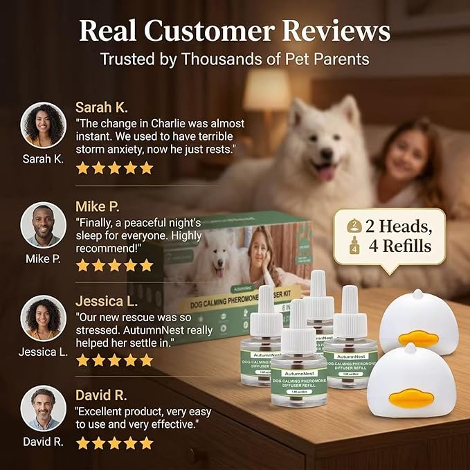 New Upgrade Dog Pheromone Calming Diffuser Kit, Calming Diffuser for Dog (2 Plug-Ins & 4 Refills) for Stress Support, Helps Reduce Barking & Aggression, 120-Day Supply (Non-Toxic, Safe & Inedible)
