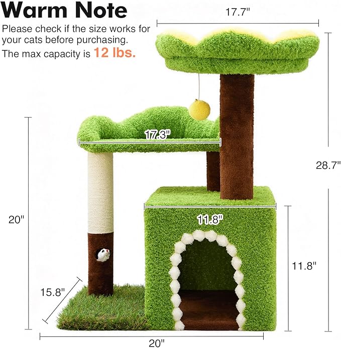 Multi-Level Cat Tree with Sisal Scratching Post, Small Cat Tower with Cozy Condo, Soft Top Perch and Interactive Toy Mouse, Cute Forest Design Cat Furniture for Indoor Cats and Kittens
