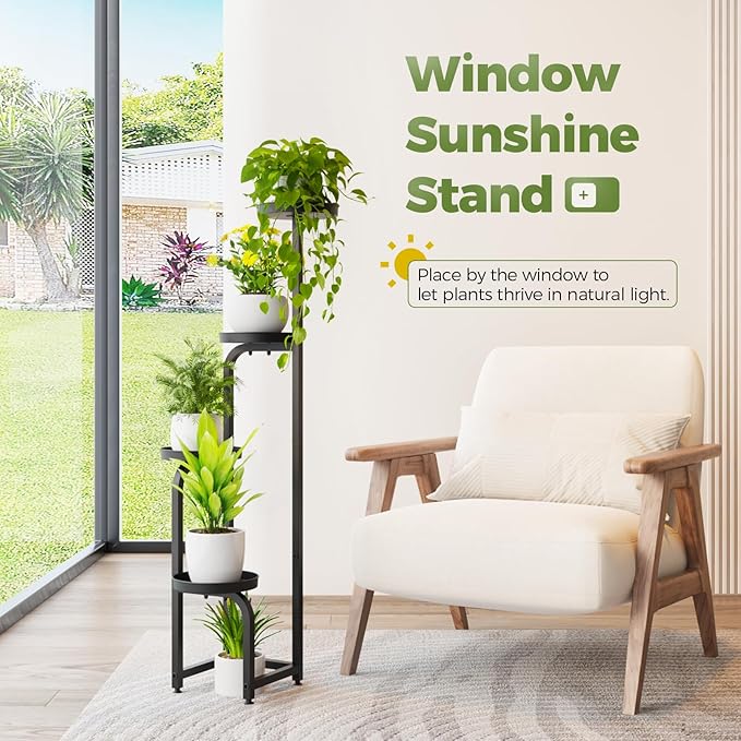 Bamworld Tall Plant Stand Indoor Outdoor, Corner Metal Flower Pot Stands for Multiple Plants, 4 Tier Heavy Duty Plant Shelf for Patio Garden Balcony Living Room Bedroom(Patent Design)