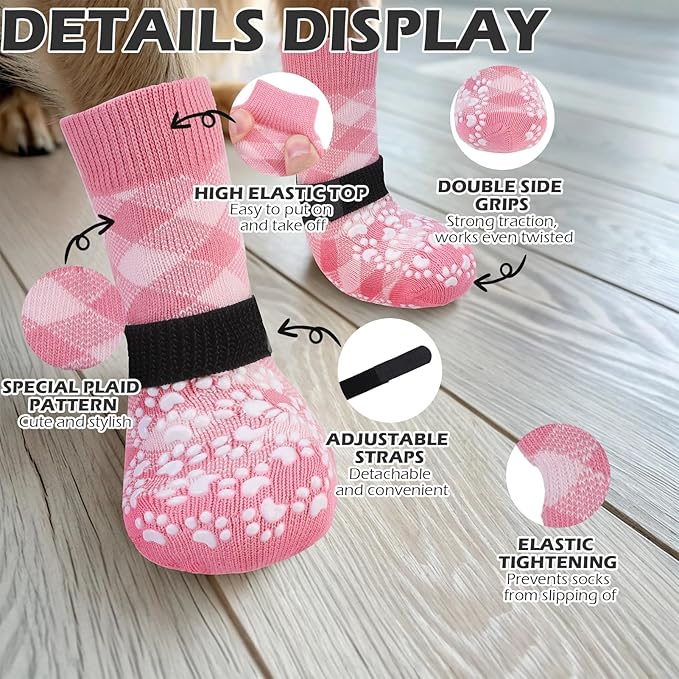 EXPAWLORER Dog Socks for Cold Winter Snow to Prevent Licking Paws, Anti Slip Doggie Booties Grippy Shoes for Hardwood Floors, Boots & Paw Protectors for Small Medium Large Senior Dogs Pink M