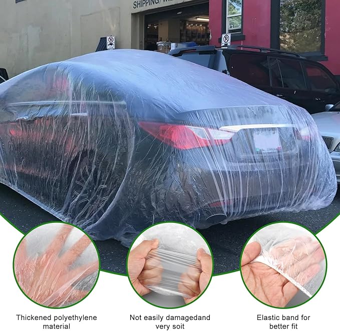 3 Packs Disposable Car Cover Clear Plastic Car Cover Universal Rain Dust Garage Cover with Elastic Band Medium (12.4 FT x 21.6 FT