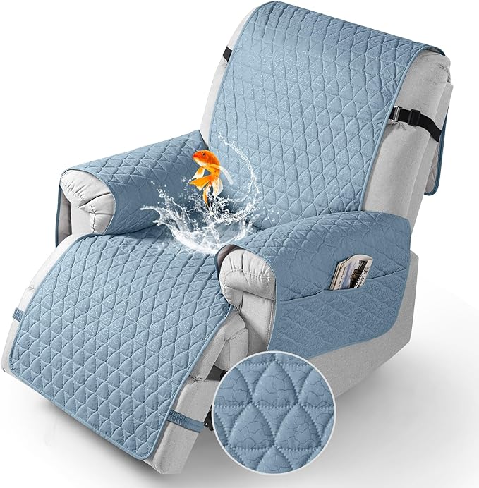 TAOCOCO 100% Waterproof Recliner Cover - Recliner Cover with Non-Slip Granule, Recliner Chair Covers with Elastic Band, Recliner Chair Covers for Reclining Chair(Light Blue,Large-28'')