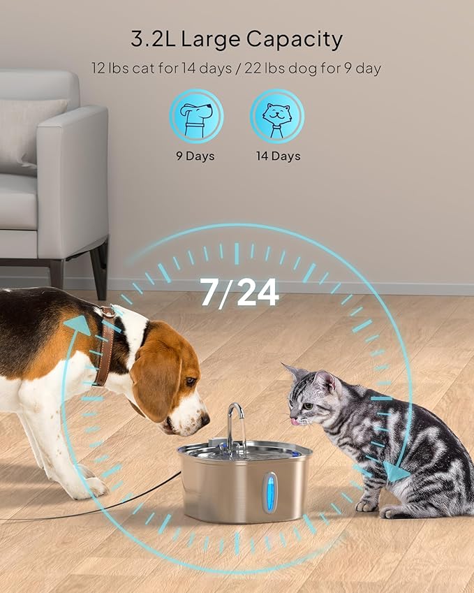 PEKTACO Stainless Steel Cat Water Fountain, 3.2L/108oz Cat Water Dispenser with Quiet Water Pump, Dishwasher Safe Pet Drinking Fountain for Cats