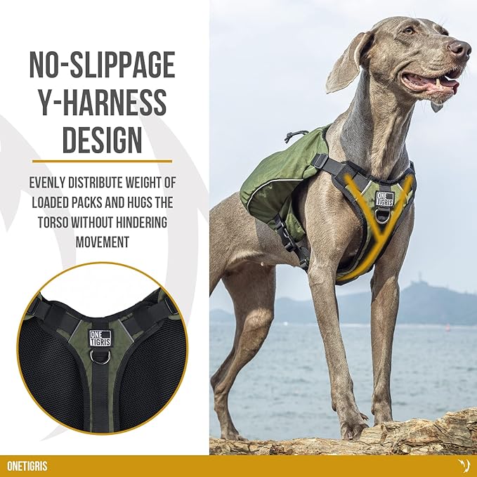 ONETIGRIS Y-Shaped Dog Backpack with Handle, Pockets & No Pull D-Rings, Lightweight Hiking Gear for Dogs Hunting Camping Travel (Large, Green)