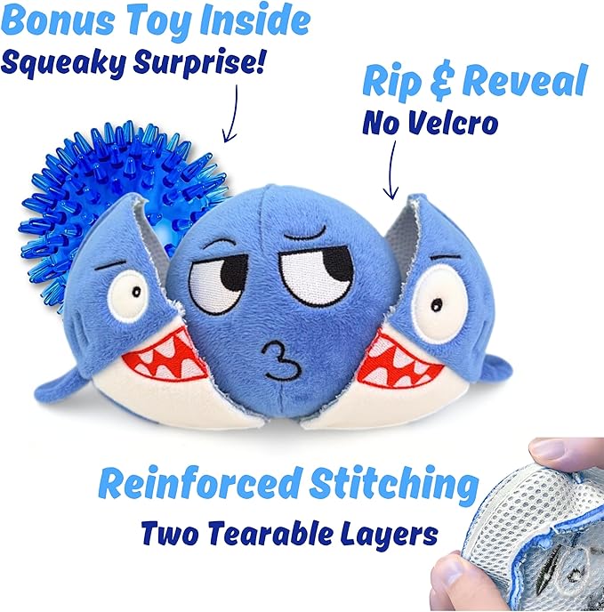 3 in 1 Squeaky Soft Plush Durable Dog Chew Toy for Aggressive Chewers, No Stuffing Interactive Tough Rip & Reveal Crinkle Blue Shark Ball in Gift Box, Puppy, Small & Large Breed Pets Birthday Present