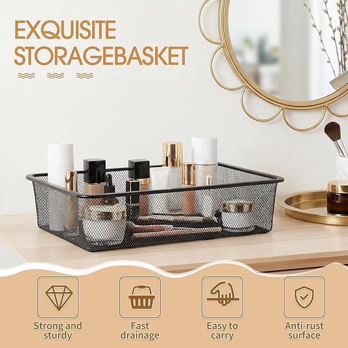 4 Pcs Metal Wire Basket Metal Mesh Basket Pantry Organizers Bin Containers for Home Organizing Cabinet Pantry Closet Kitchen Fridge Fruit Makeup Snacks Gifts(Black,Large)