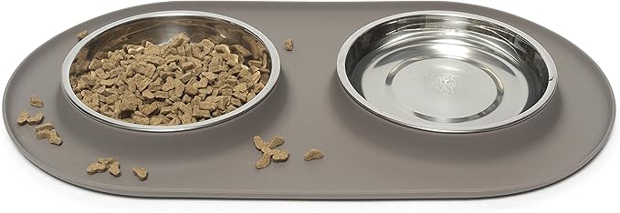 Messy Cats Double Silicone Feeder with Stainless Saucer Shaped Bowl | Anti-Slip Non-Skid Cat Food Bowls | Two Cat Bowls in Feeding/Water Station | 1.75 Cups per Bowl (Grey)