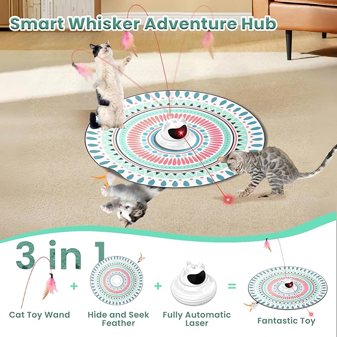 3 in 1 Automatic Interactive Cat Toy with Laser & Moving Feather, Hide and Seek Rechargeable Cat Toys for Indoor Cats, Exercise Laser Pointer Teaser Wand to Reduce Boredom