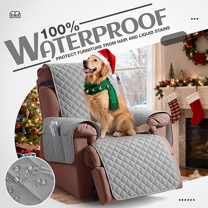KinCam 100% Waterproof Recliner Chair Cover, Reclining Couch Covers for Pets, Dogs, Recliner Couch Slipcover Furniture Protector with Elastic Straps for Kids(23.6", Light Gray)