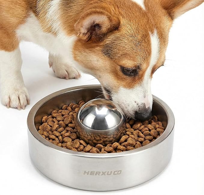 Stainless Steel Dog Slow Feeder – 2-in-1 Pet Bowl 18oz & Slow Feeder Ball 2.5in – Spherical Design Slows Eating & Use Separately or Together (Small)
