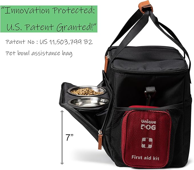 Unique Dog Travel Bag - Dog Traveling Luggage Set for Dogs Accessories - Include Pet First Aid Bag with Case Tags, Elevated Bowl Stand, 2X Food Storage Containers, 2X Dog Stainless Steel Bowls.