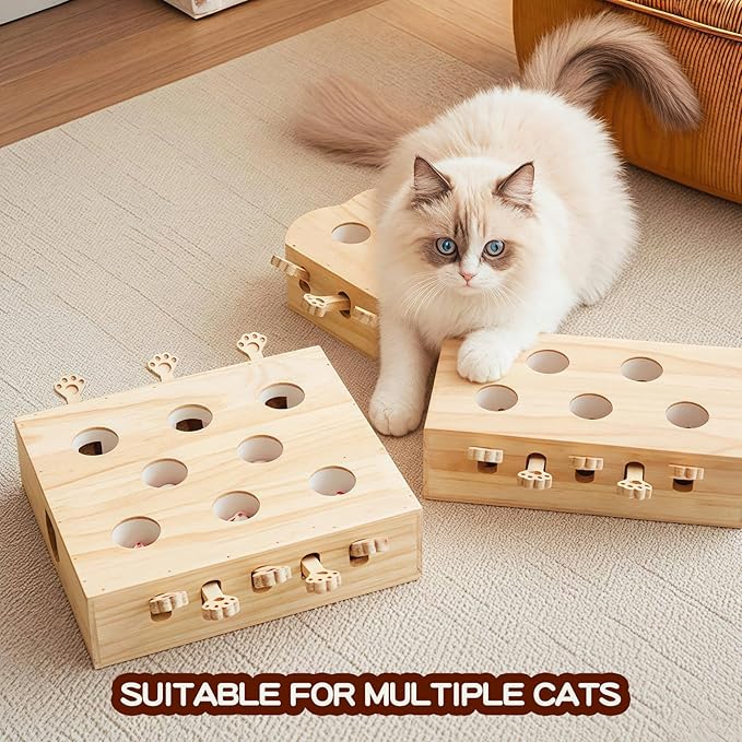 Wooden Whack-a-mole Interactive Cat Toy for Indoor Cats Interactive Pet Toy Box Cat Puzzle Toy for All Ages Cats for Indoor Play Exercise (5 Holes)