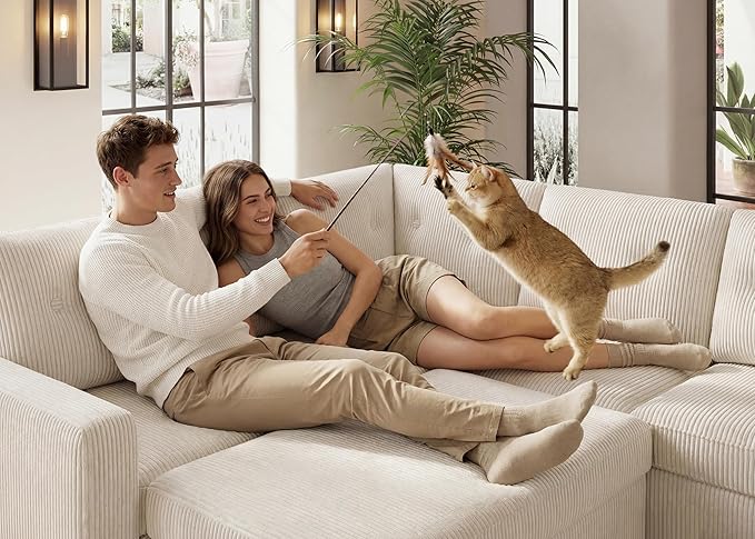 HONBAY 83.4 Inch U-Shaped Sectional Sleeper Sofa with Pull-Out Bed, 5-Seater Sectional Sofa for Living Room, Pet-Resistant Corduroy Couch, Beige